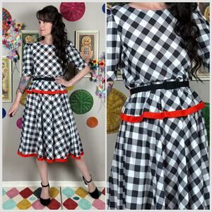 Vintage 1980s Black and White Gingham Short Sleeve Peplum Midi Dress